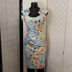 SHELBY & PALMER IS FLORAL EMBROIDERED RUCHED SIDE  DETAILS BODYCON SHEATH DRESS
